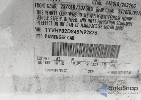 2004 Mazda Mazda6 S из США, поврежденный, VIN 1YVHP82D845N92876